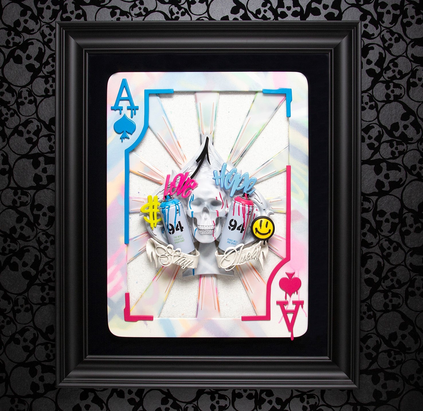 DLN ORI Stay Lucky (Spray Cans White) 79cm x 59cm (Framed 122 2cm x 104 2cm)