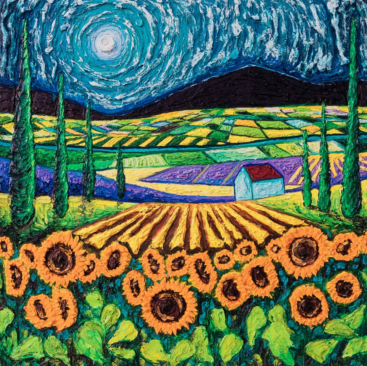 Sunflowers Amongst Cypress Trees | Giclée On Paper