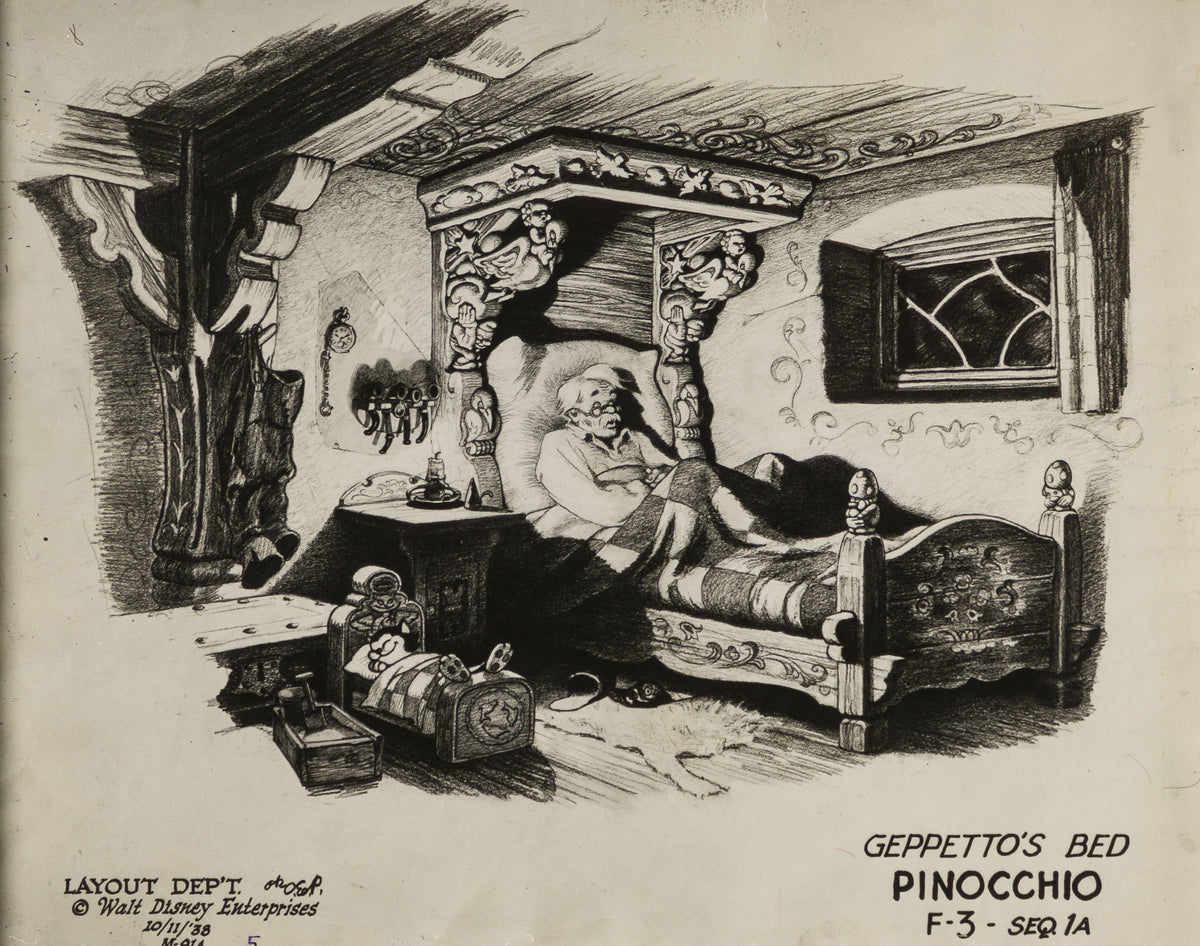 VIN ORI POR 31280 Pinocchio Gepetto s Bed with Figaro Layout Image Sheet (1940) 31