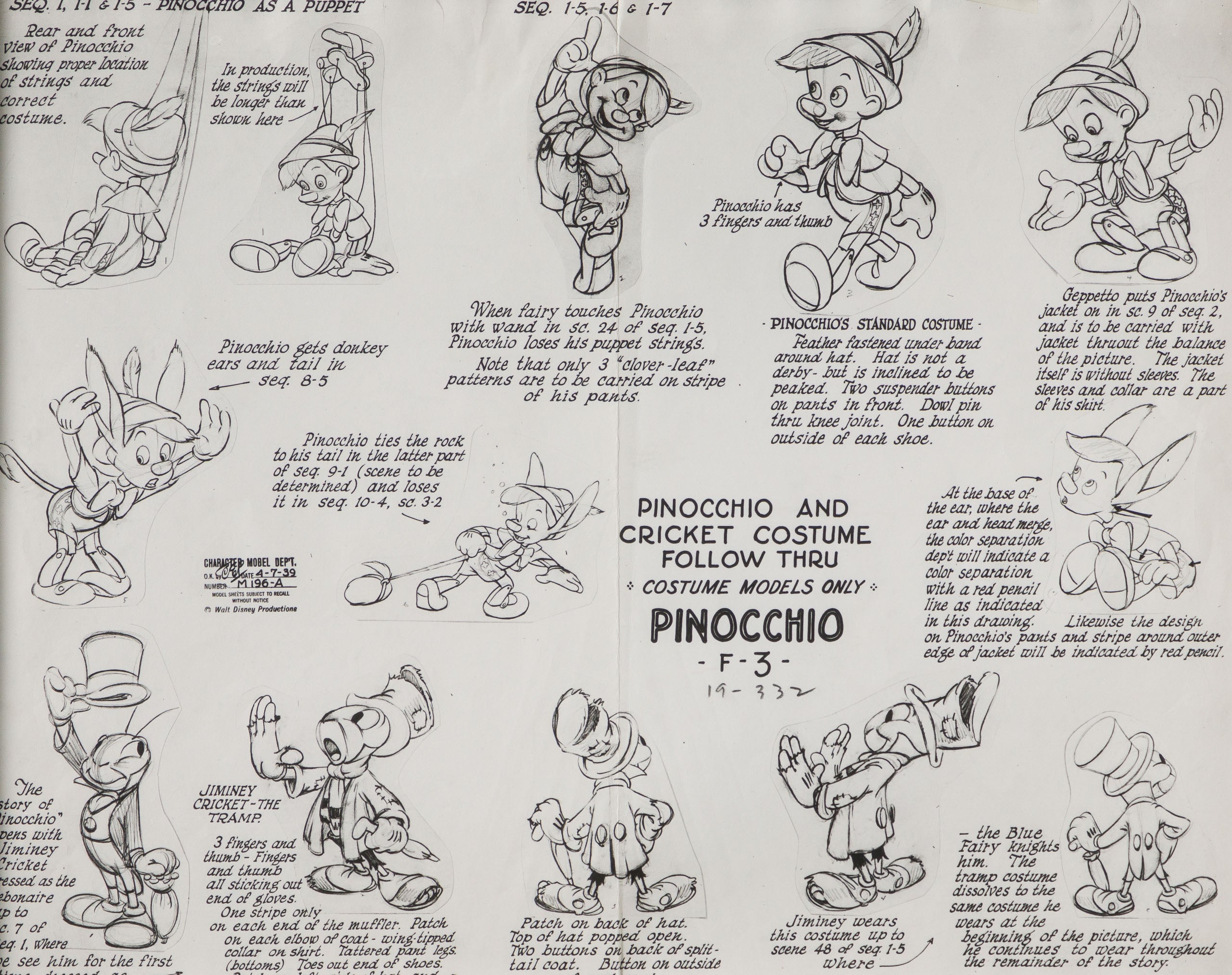 VIN ORI POR 31297 Pinocchio Pinocchio And Cricket Costume Follow Thru Model Sheet (1940) 31