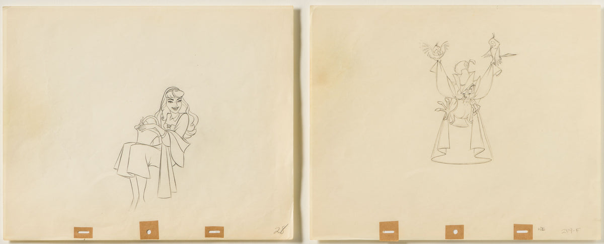 VIN ORI POR 31329 Sleeping Beauty Princess Aurora And Mock Prince Set, Original Production Drawings (1959) 31