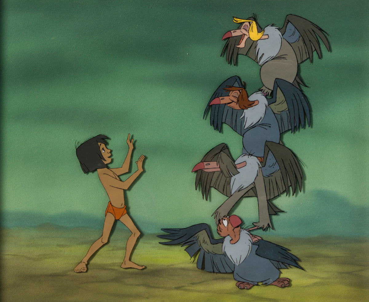 VIN ORI POR 31345 The Jungle Book Mowgli, Buzzie, Flaps, Ziggy and Dizzy Original Production Cel With Original Background (1967) 31