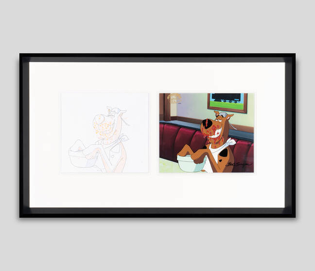 Original production drawingand cel of Scooby Doo eating spaghetti 