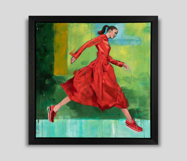 Pascale Taurua, Fashion Week Paris, £2,450  Original painting of a woman in a red dress running 